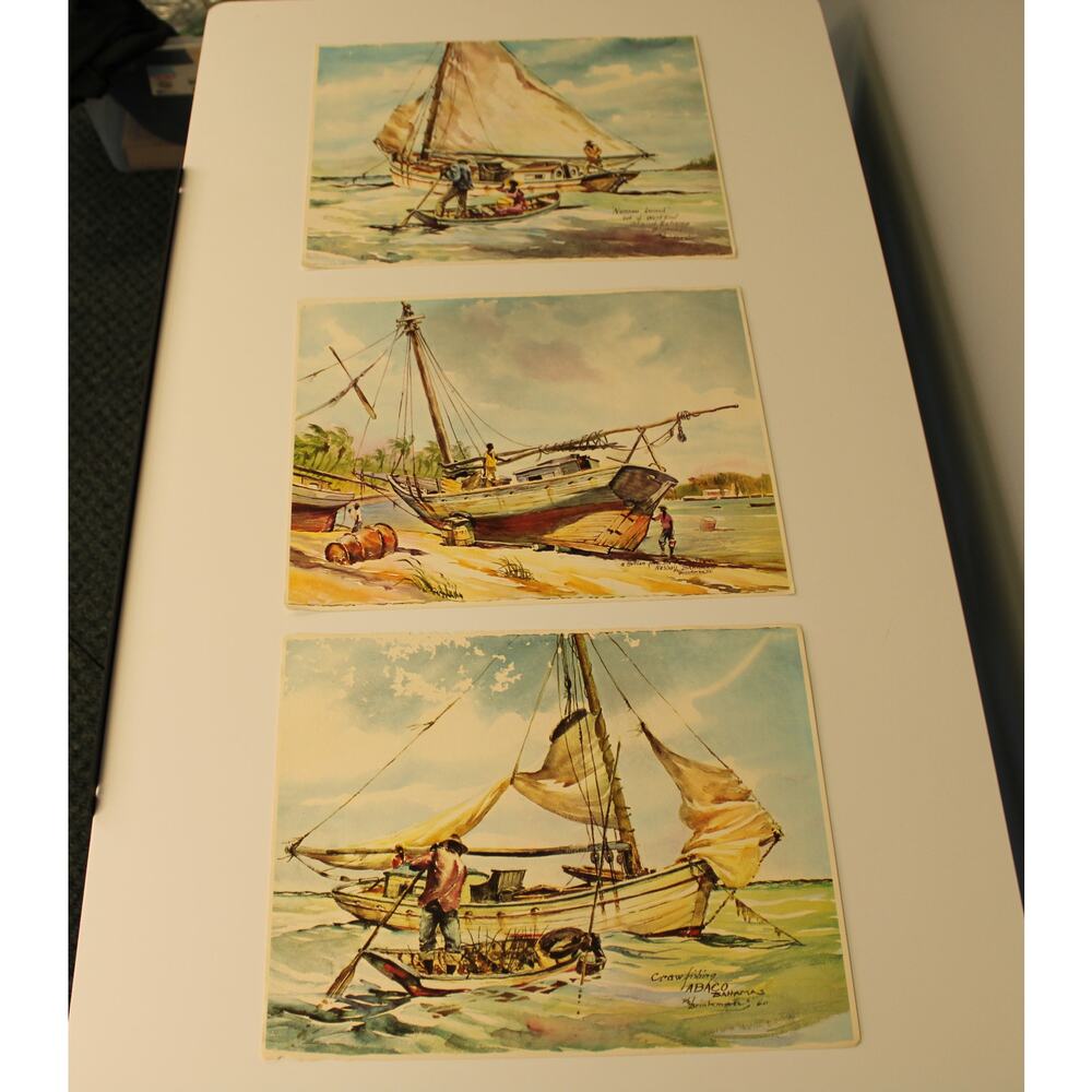 Phil Brinkman Watercolor 3 Prints Colorful Abaco Bahamas Fishing 11x14 1960-61